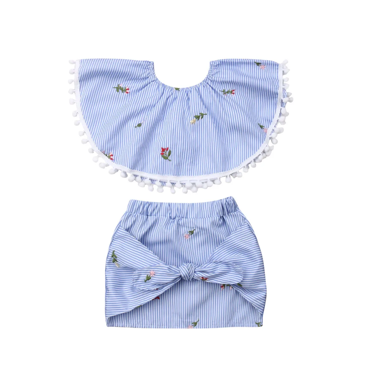 

2019 Summer Kids Baby Girl Cape Collar Striped Tassel Ball Floral Tops Bowknot Skirt 2PCS Princess Girls Clothing Set