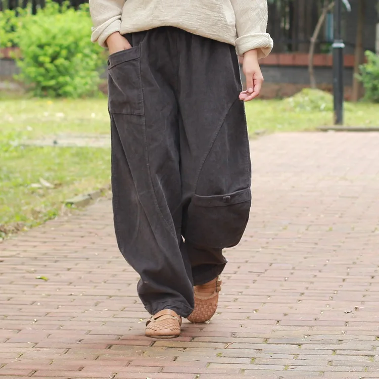 YoYiKamomo Вельветовые женские брюки осень зима широкие брюки сплошной цвет Карманы эластичный пояс свободные женские брюки