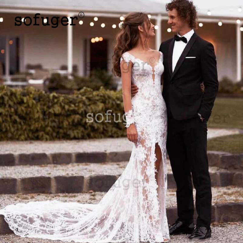 Иллюзия сзади Кружева Русалка ремни V шеи свадебное платье Robe De Mariee Sofuge Бохо элегантное женское вечернее платье Abiti Da Sposa свадебное платье