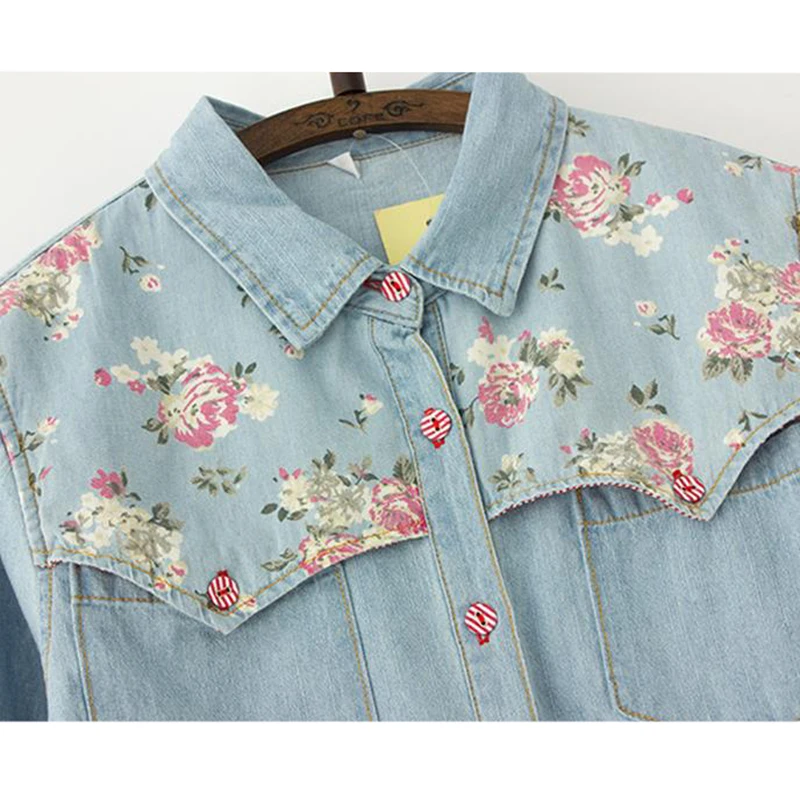 Autumn Denim Blouse Plus Size 4XL Women Loose Tops Flower Print Patchwork Jeans Blouses Long Sleeve Vintage Shirts Blusas AB327 4