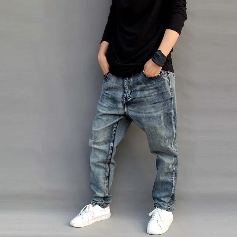 New Trendy Jeans Men's Loose Harem Pants Slightly Stretch Big Size Skateboard Baggy Jeans Male Trousres Cotton