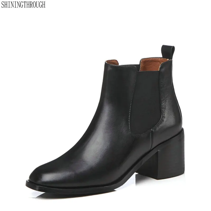 

New cow leather ankle boots woman 6cm thick high heels ladies casual shoes woman spring autumn woman boots large size 41 42