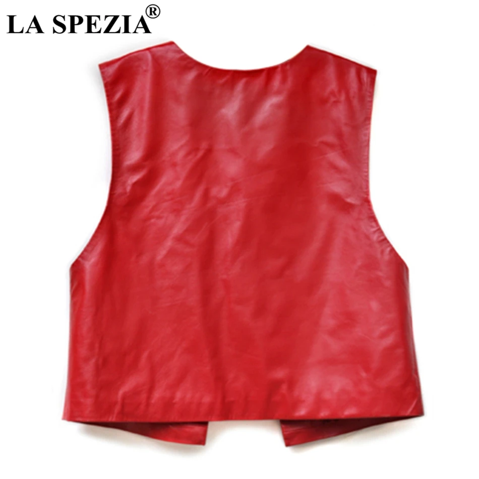 LA SPEZIA Women Red Vests Genuine Leather Jackets Fashion Ladies Sheepskin Warm Slim Fit Female Elegant Autumn Winter Waistcoat
