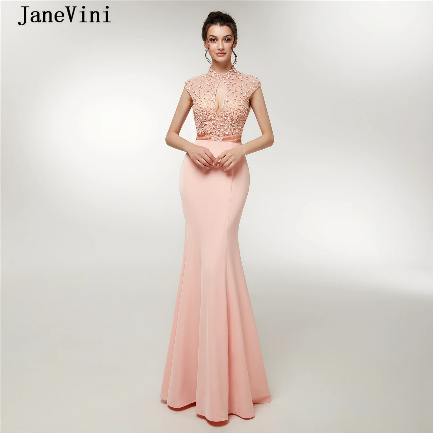 

JaneVini Luxury Beading Mermaid Prom Dresses Long Blush Pink High Neck Cap Sleeves Sexy Backless Dubai Satin Dress Gala Jurken