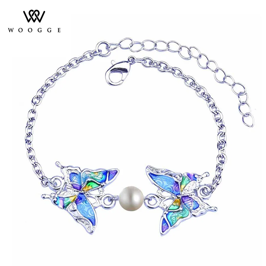 

2018 Fashion Jewelry New Silver Chain Multi Color Enamel Pin Metal Charm Pearl Crystal Rhinestone Butterfly Bracelets For Women