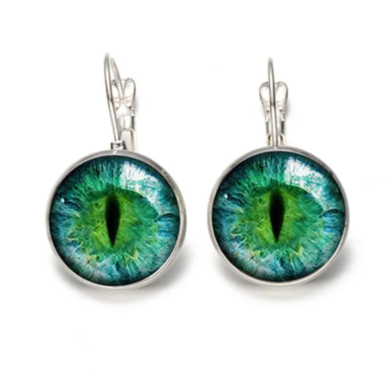 Partyfareast Green Cat Eye Earring Handmade Vintage Big Round Circle Statement Earrings Clear Glass Leverback Ear Drop Jewelry Earrings