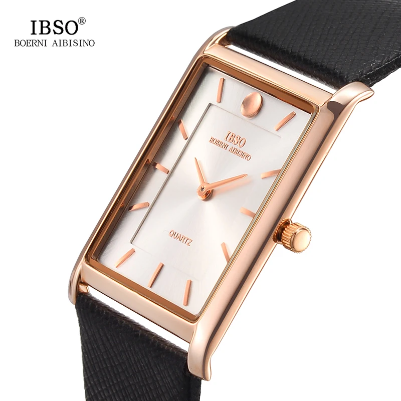 IBSO 7MM Ultra thin Rectangle Dial Business Watch Men Black Genuine