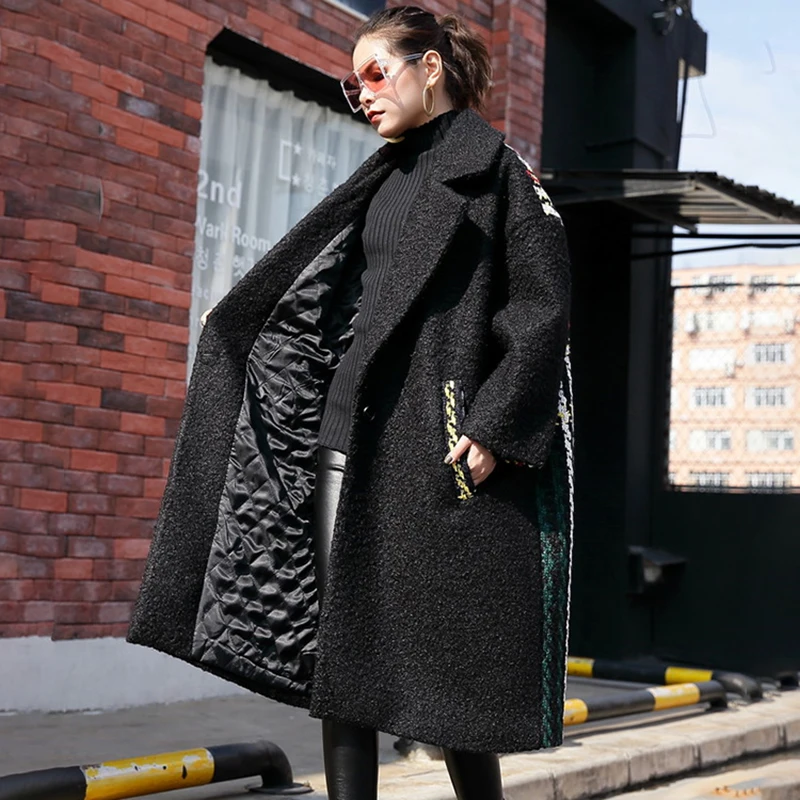 [EAM] 2019 New Spring Lapel Black Loose Large Size Thicken Back Colorful Striped Woolen Coat Women Fashion Parkas JI778