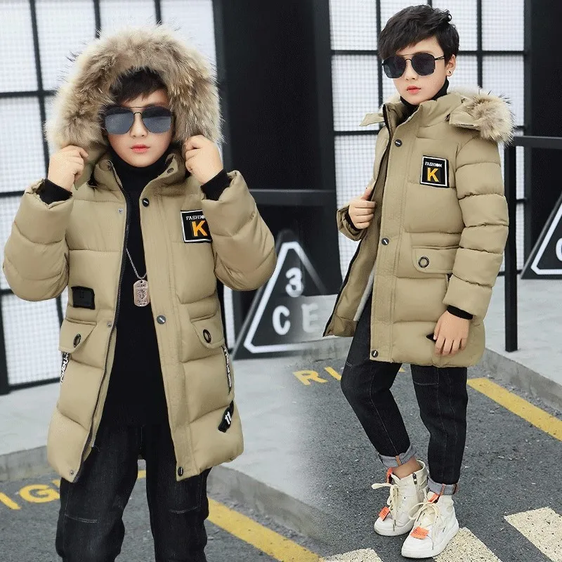 New Winter Kids Jacket For Boys Teenage Fur Hooded Outerwear Parka Thicker Cotton-30 Russia Overcoat Clothes For Children