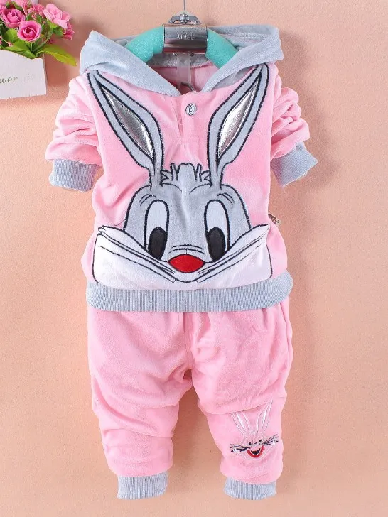 Весенний комплект для малышей; Бархатный комплект с рисунком кролика; комплект из 2 предметов; толстовка с длинными рукавами и штаны; одежда для детей; - Цвет: Розовый