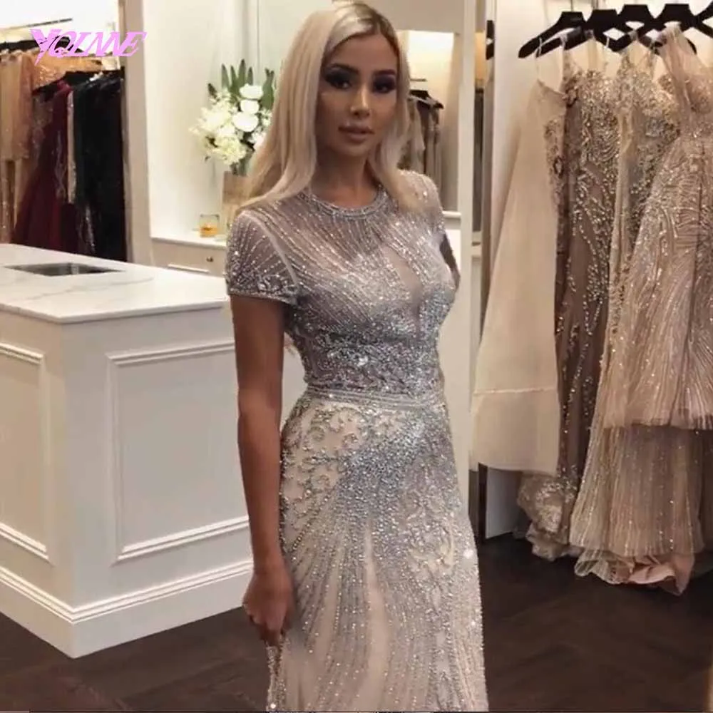 Günstige YQLNNE 2019 Luxus Strass Nude Meerjungfrau Abendkleid Lange Abend Pageant Kleider Formales Kleid robe de soiree