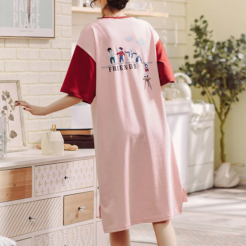 2019new trend корейские ночные рубашки женские летние хлопковые шорты с рукавами платье пижамы милый мультфильм Цвет Соответствующие Домашняя одежда розовый - Цвет: Розовый