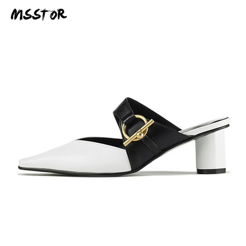 MSSTOR Buckle Womens Slippers Outdoor Mixed Colors Sexy Fashion Thick Heel Mules High Heels Leather Women Summer Slippers 2019 MSSTOR Buckle Womens Slippers Outdoor Mixed Colors Sexy Fashion Thick Heel Mules High Heels Leather Women Summer Slippers 2019