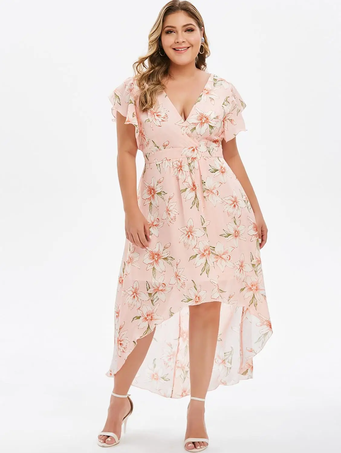 Women Summer Dress Plus Size Ruffle Sleeve Floral Print Lady Dresses