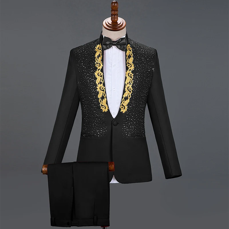 

4 Colors blue England Style Formal Men's Suits Rhinestones Blazers Pants Sets Singer Host Stage Outfits Wedding Party Dresses