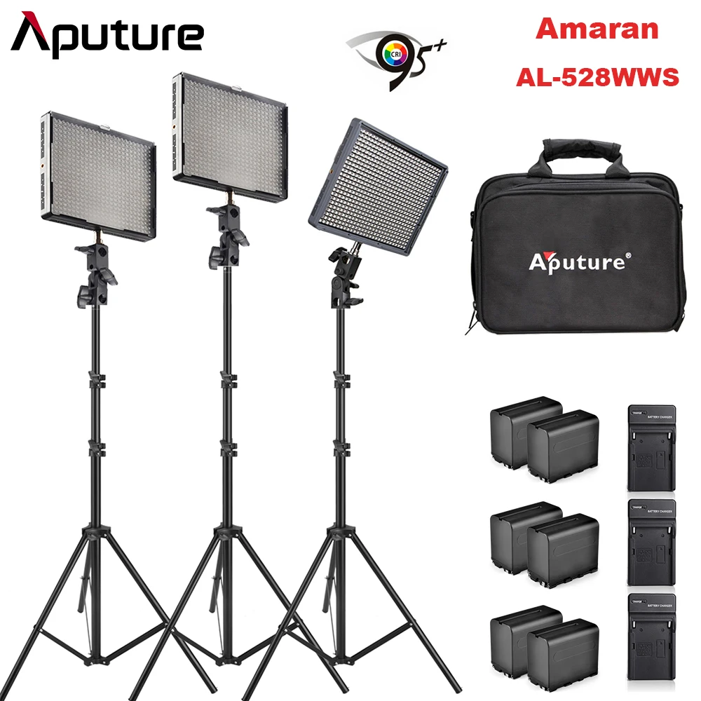 

Aputure Amaran 2Pcs AL-528W & 1Pc AL-528S CRI95+ Led Video Studio Panel Light with Battery Pack & Battery Charger Light Stands