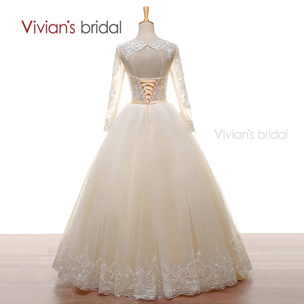 Long Sleeves Beads Lace Champagne Wedding Dresses (6)
