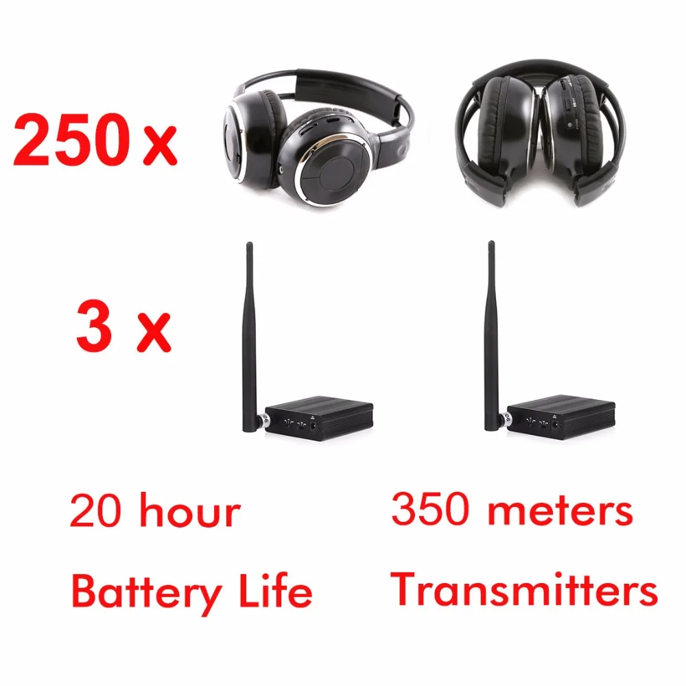  500m 3 - channel silent disco headphones package ( 250 foldable RF headphones and 3 transmitter)