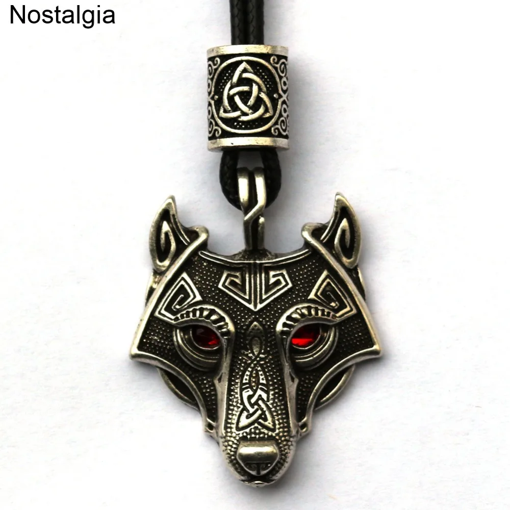 Black Red Eyes Wolf Amulet Pendant Nordic Beads Vegvisir Valknut Trinity Knot Viking Necklace Male Female Talisman Wicca Jewelry