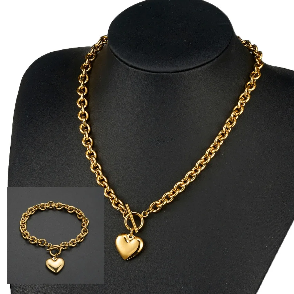 

New Arrivals Women's Pendant Necklace&Bracelet Set Width 8mm Silver/Gold Tone Oval Rolo Chain Stainless Steel Jewelry