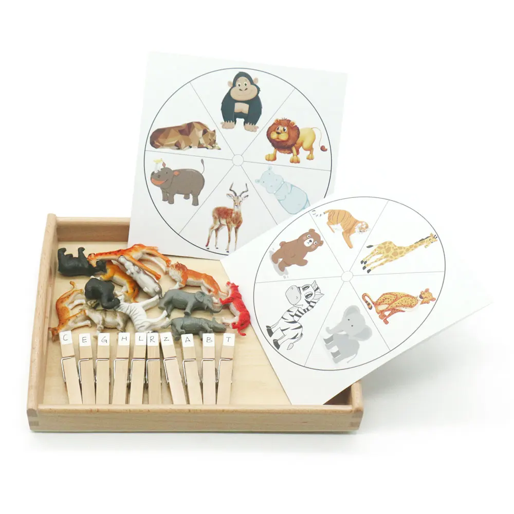 Montessori Animal Cards Clip Set with Tray Words Learning Material Preschool Educational Toys Juguetes Montessori MC0864H