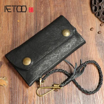 

AETOO Original leather retro long wallet anti-theft leather chain buckle first layer leather men and women wallet youth trend