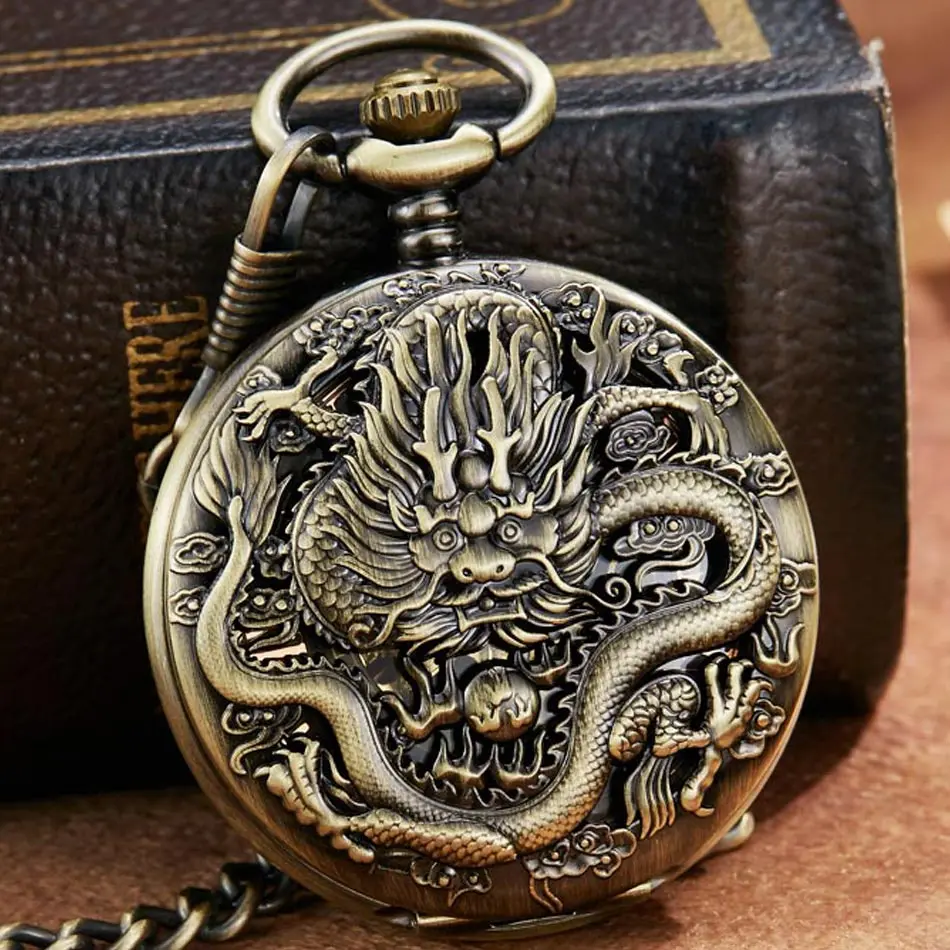 Reloj Retro Quartz Pocket Watches Chinese Dragon Pendant Chain Fob Watch Vintage Necklace For Men Boys Gift Relogio Masculino