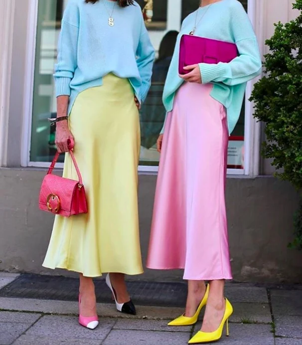 

Elegance Satin Midi Skirt Women's Classic Gloss Black/Yellow/Silver Grey/Rose Pink Mermaid Skirt High Waist A-Line Party Skirt
