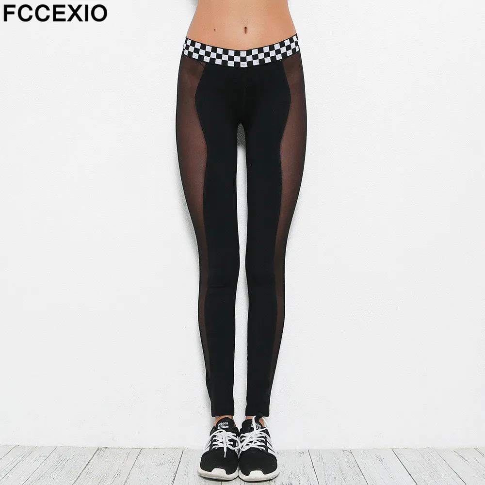 

FCCEXIO New Women Black Gauze Legging Hollowed Fitness Slim Push up Leggings High Waist Workout Pants Sporting Trousers