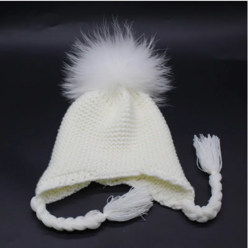 Детский помпон из меха енота, зимняя шапка с ушками, милый мех норки, помпон, теплый вязаный берет, лыжная шапка для детей - Цвет: Белый