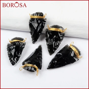 

BOROSA 10/20PCS Gold Wire Wrapped Black Obsidian Arrowhead Connector Jaspers Gems Double Charms Jewelry for Necklace G1644