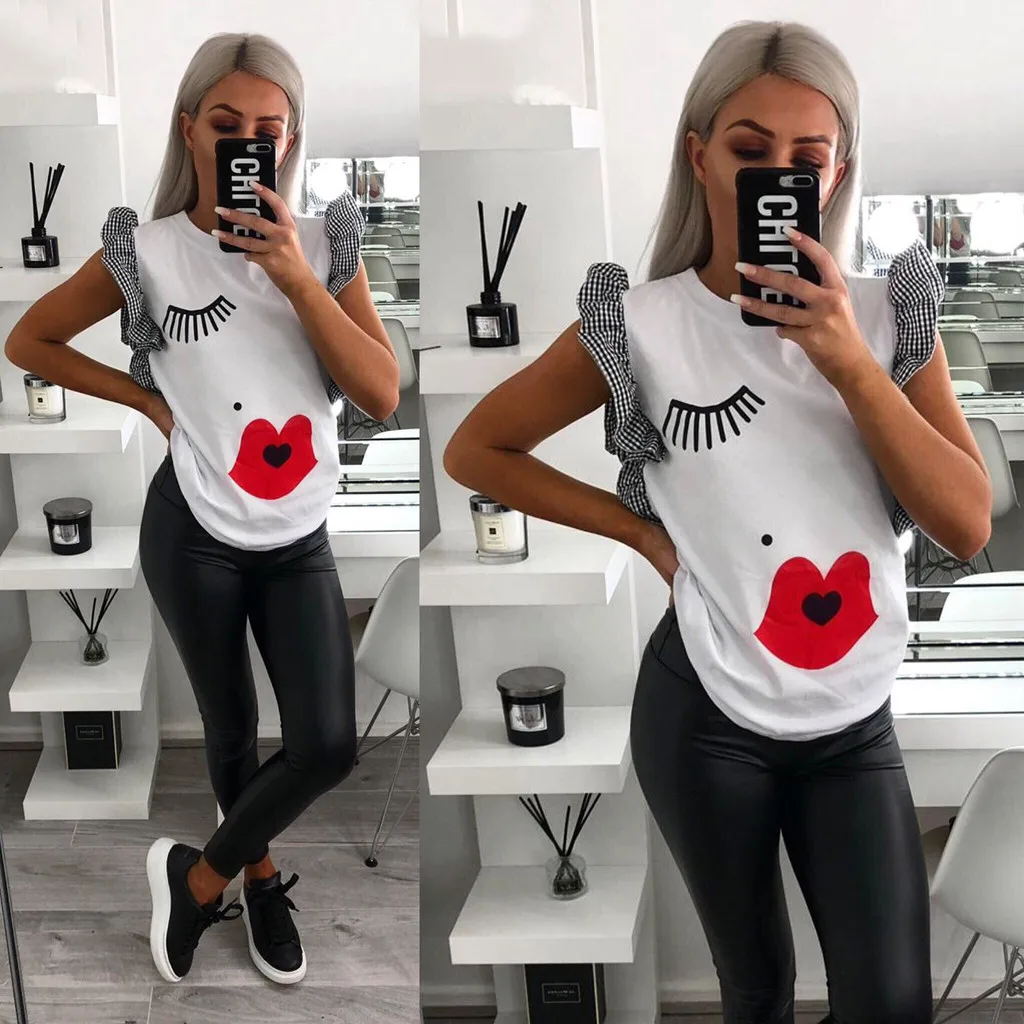 

Women T Shirts Street Summer Womens Fashion Casual Print Butterfly Sleeve O-Neck T-Shirt Plus Size 20