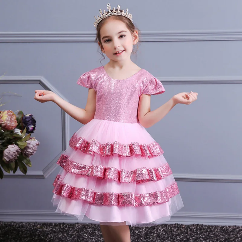 Бальное платье gow для девочек на свадьбу многослойное платье принцессы с блестками и бантом на спине костюм для малышей платья для первого причастия - Цвет: pink