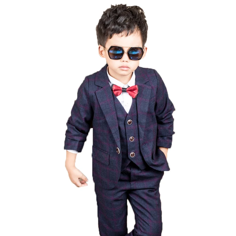 

Flower Boys Formal Plaid Wedding Suit Kids England Style Blazer+Pants+Waistcoat+Tie Baby Birthday Prom Piano Party Dance Costume
