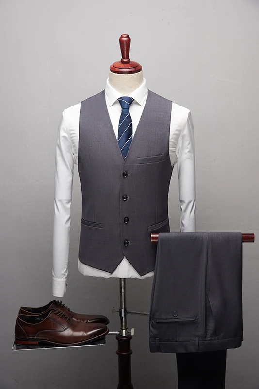 2020 New Dark grey Fashion Suits Costume High quality Men Solid suits Formal 3 Pieces Wedding Groom Tuxedos Prom Slim fit Suits