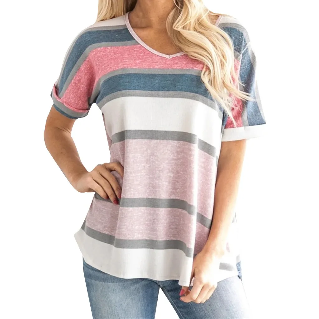 

JAYCOSIN 2019 New Summer Women T-shirt Fashion Harajuku O-Neck Loose Short Sleeve Stitching Multicolor Stripe Print Tops 90521