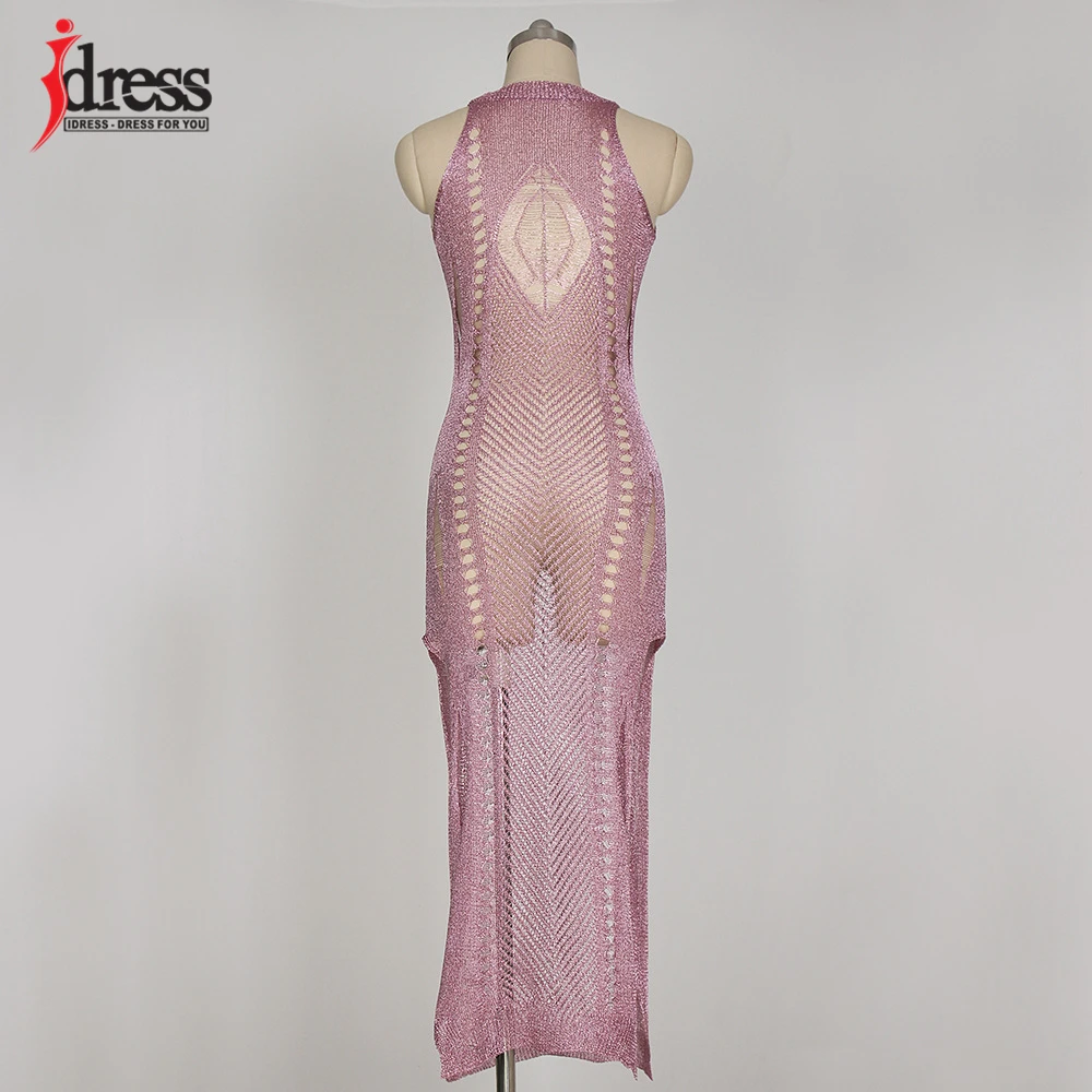 IDress Sexy Knitted Crochet Club Dress 2017 Summer Beach Sleeveless Maxi Dress Hollow Out See Through Purple Gold Beach Dress (4)