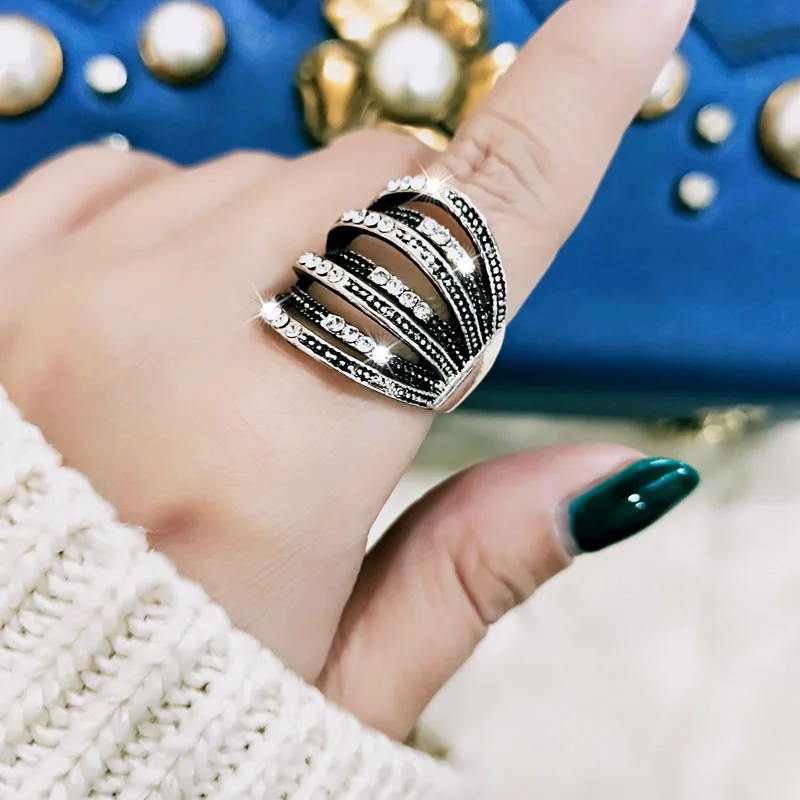 

SINLEERY Vintage Multilayer Hollow Big Rings Silver Color Antique Cubic Zirconia Inlay Wedding Women Rings Jewelry JZ153 SSH