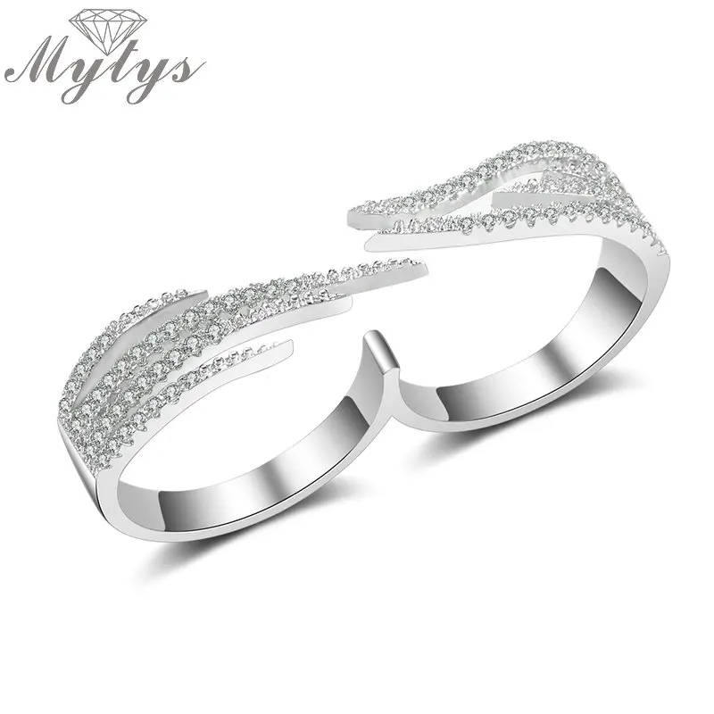 Mytys Double Finger Ring Pave Setting Zircon Fashion Jewelry size 6 7 8 Adjustable Open Cuff Two Finger Ring For Women R2012