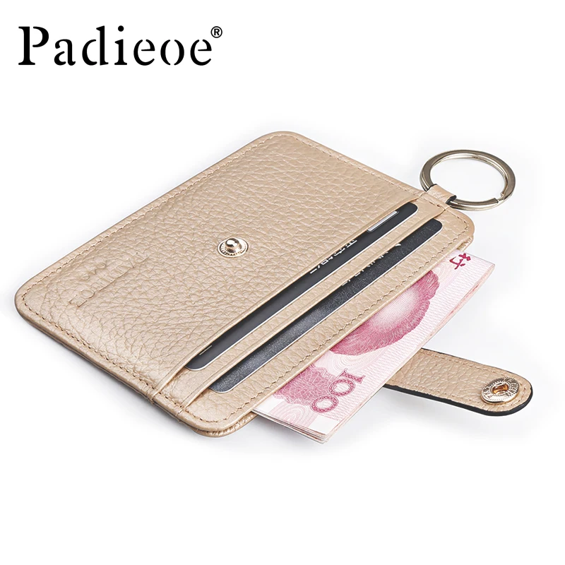 

Padieoe 2018 New Men and Women Genuine Leather Card Holder with Key Ring Cowskin Slim Card Wallet Unisex Designer Cardholder
