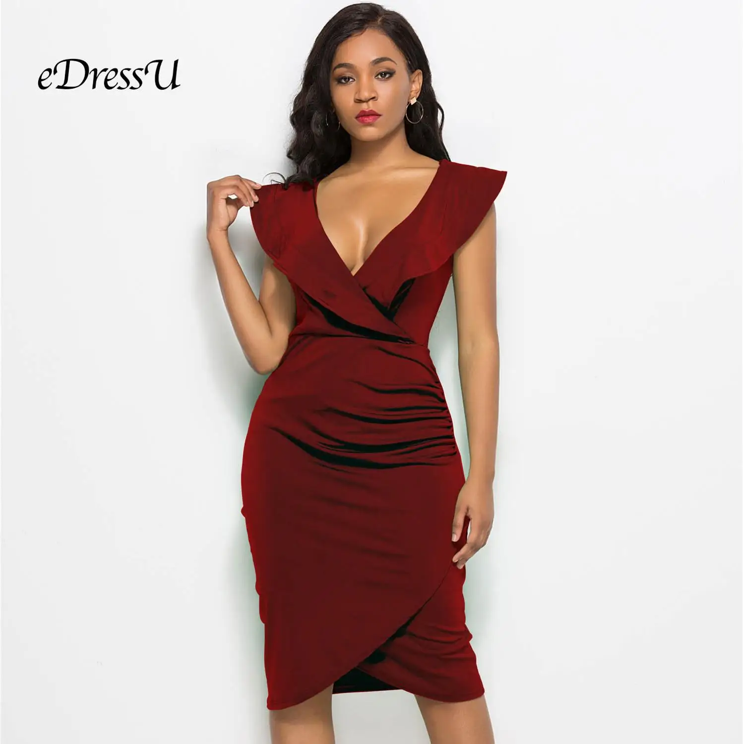 

2019 Ruffles Sheath Dress Sexy V cut Pleated Fit Knee Length Burgundy Cocktail Party Dress Office Lady Wear eDressU LMT-YD5082
