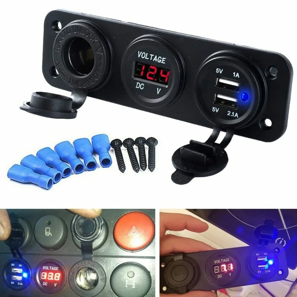 

12V Dual USB Charger Socket & LED Voltmeter 3 Hole Panel Outlet Car Boat Marine