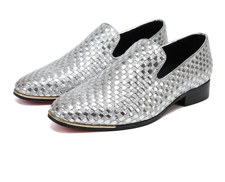 

Pointed Toe Cow Leather Shoes Daily Plaid Men Casual Business Dress Shoes Oxfords Men Flat Slip-On Silver handmade shoes