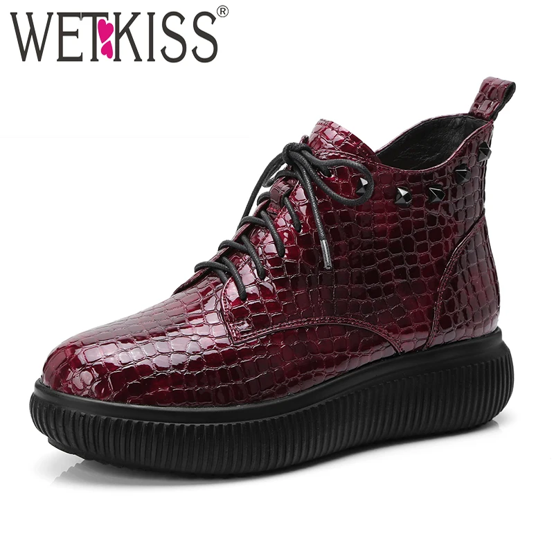 

WETKISS Autumn Pu Women Boots Platform Boot Printing Round Toe Shoes Winter Warm Female Shoes 2018 Med Heels Lace Up Footwear