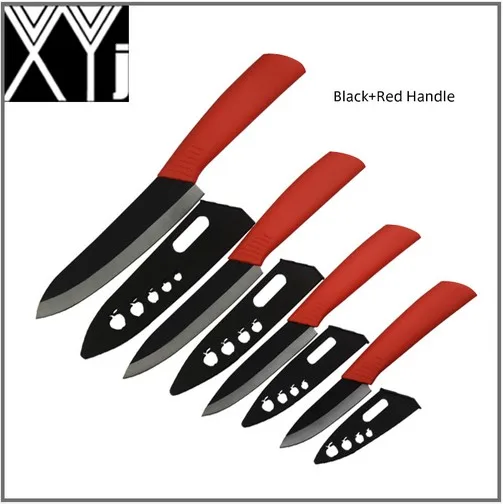XYJ брендовый комплект керамических ножей " 4" " 6" дюймов, кухонные ножи с черным лезвием, ручка черного цвета с оболочкой из циркония - Цвет: black and red