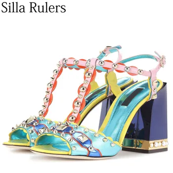 

Sexy Ladies Peep Toe Rivet High Heel Sandals Square Toe One Strap Metal buckle Mixed Colors Summer Shoes Women Runway shoes