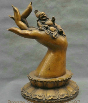 

14'' Chinese Bronze Statue Happy Maitreya Buddha Sit In Guanyin Hand