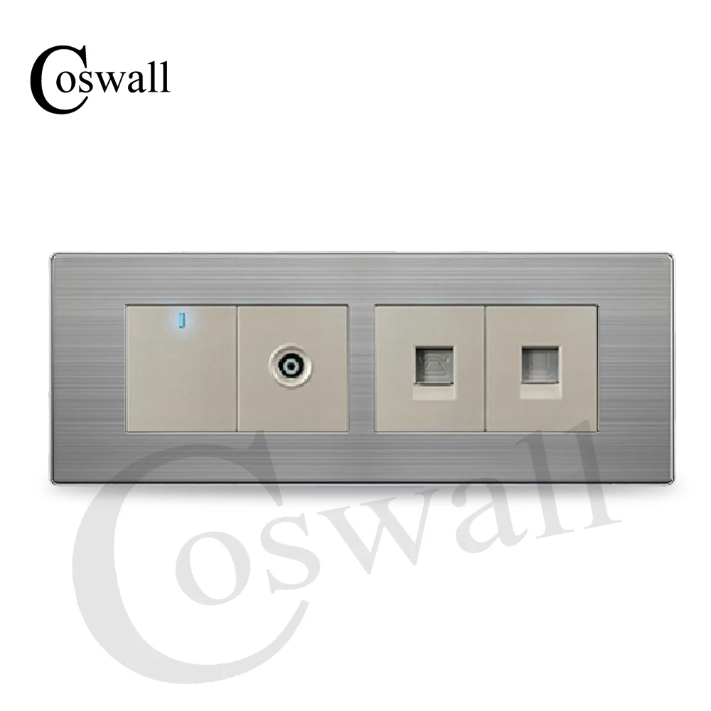 Coswall منفذ tv + الهاتف منفذ مقبس rj45 الإنترنت مع 1 عصابة 2 طريقة الجدار الخفيفة التبديل المقاوم للصدأ لوحة 197*72 ملليمتر