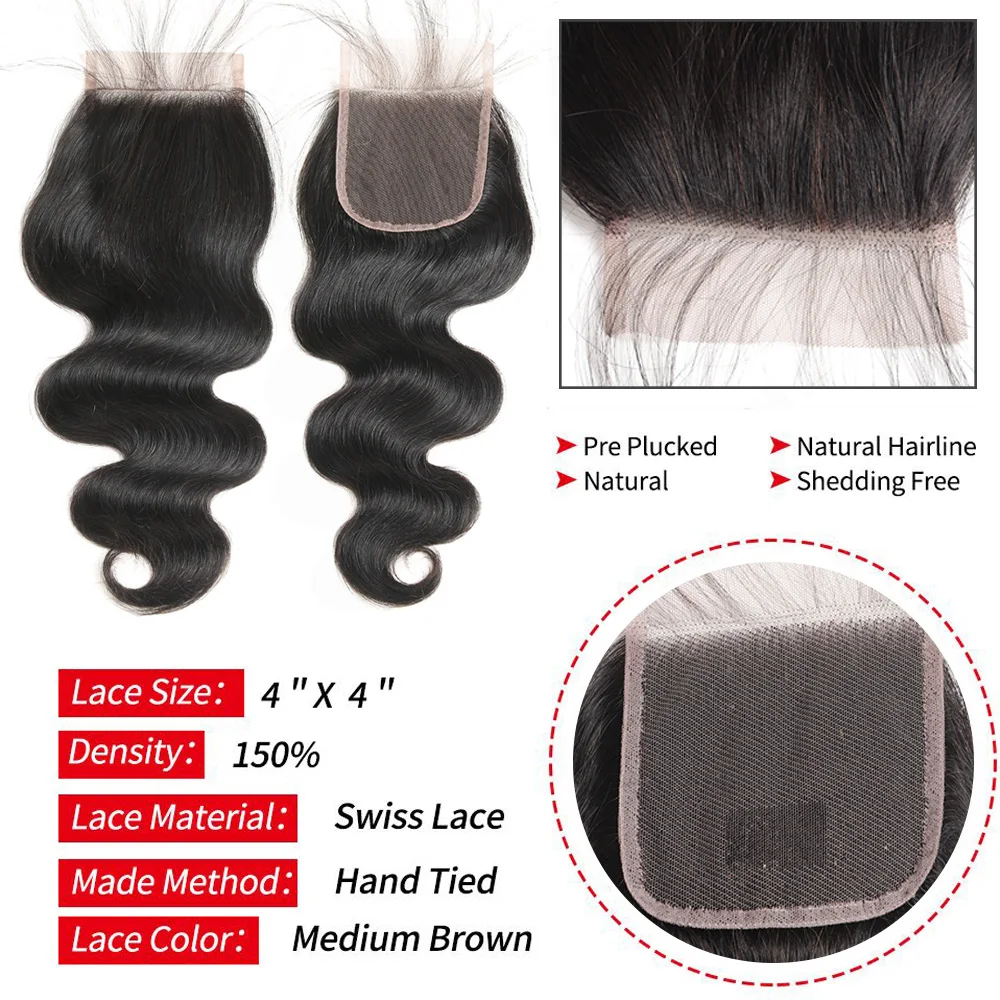 Alimice Hair Brazilian Body Wave Bundles With Closure Human Hair 3 Bundles With Closure Brazilian Hair Weave Bundles Remy Hair