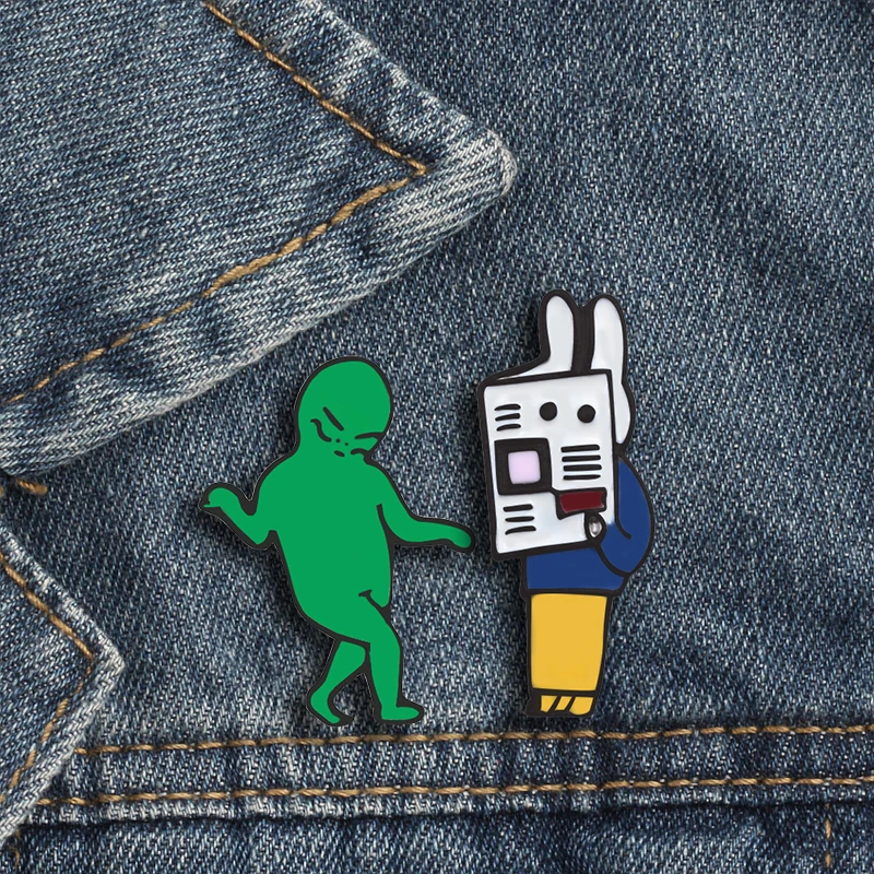 

2Pcs/set Brooches For Women Men Funny Green Mob Literary Rabbit Girl And Boy Pins Enamel Badge Denim Jackets Icon Boutique Gifts